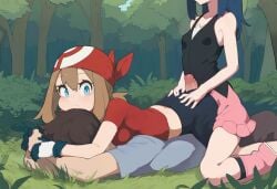 1boy 2girls 2girls1boy ai_generated breast_smother brittle buttjob cowgirl_position dawn_(pokemon) femdom ffm_threesome forest grinding grinding_through_clothes lying lying_on_person may_(pokemon) outdoors penis pokémon pokemon pokemon_dppt pokemon_rse public public_indecency public_sex smothering stable_diffusion tease teasing threesome