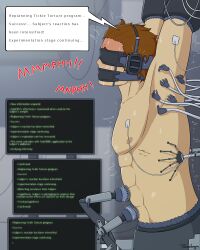 1boy abs artificial_intelligence blush brown_hair computer_screen gag gagged male_only male_tickling muscular muscular_male restrained sensory_deprivation sweating tickleforyou tickling tickling_armpits tickling_belly tickling_machine tickling_sides trapped