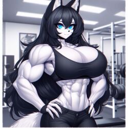 ai_generated anthro black_hair blue_eyes fingerless_gloves furry gloves gym gym_shirt gym_shorts inner_ear_fluff long_hair luni_the_wolf muscle_girl muscular_female weights white_body white_fur wolf_ears wolf_girl wolf_tail