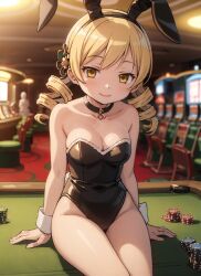 1girls 2023 ai_generated blonde_hair breasts bunny_ears bunnysuit casino cleavage drill_hair indoors looking_at_viewer mahou_shoujo_madoka_magica mami_tomoe puella_magi_madoka_magica sitting smile solo solo_female solo_focus thighs tomoe_mami yellow_eyes