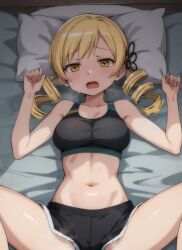 1girls 2023 ai_generated belly belly_button blonde_hair blush breasts drill_hair mahou_shoujo_madoka_magica mami_tomoe on_back on_bed open_mouth puella_magi_madoka_magica solo solo_female solo_focus tomoe_mami yellow_eyes