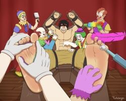 circus clown clowns darren_(tickleforyou) electric_toothbrush feather_duster kidnapped male_only male_tickling oiled_feet tickle_torture tickleforyou tickling tickling_armpits tickling_belly_button tickling_feet