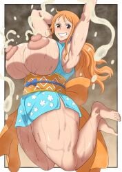 1girls big_breasts bodily_fluids breasts clothed clothing eyebrows_visible_through_hair female female_only hi_res huge_ass huge_breasts human lactation light-skinned_female light_skin looking_at_viewer looking_back nami onami one_piece orange_eyes orange_hair oryuto post-timeskip presenting presenting_hindquarters sweat sweaty_ass sweaty_butt thick_thighs thighs wide_hips