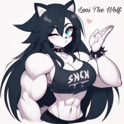 ai_generated anthro black_hair blowing_kiss blue_eyes bracelet collar furry inner_ear_fluff long_hair luni_the_wolf muscle_girl muscular_female one_eye_closed spiked_bracelet spiked_collar white_body white_fur wolf_ears wolf_girl wolf_tail