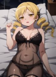 1girls 2023 ai_generated bed belly belly_button blonde_hair blush breasts drill_hair lingerie mahou_shoujo_madoka_magica mami_tomoe on_bed open_mouth puella_magi_madoka_magica solo solo_female solo_focus tomoe_mami yellow_eyes