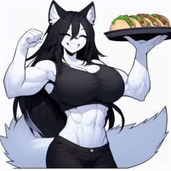 ai_generated anthro black_hair blue_eyes fluffy fluffy_tail food furry inner_ear_fluff long_hair luni_the_wolf muscle_girl muscular_female navel plate taco tacos tail white_body white_fur wolf_ears wolf_girl wolf_tail