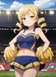 1girls 2023 ai_generated belly belly_button blonde_hair breasts cheerleader cheerleader_uniform drill_hair looking_at_viewer mahou_shoujo_madoka_magica mami_tomoe outdoors puella_magi_madoka_magica smile solo solo_female solo_focus tomoe_mami yellow_eyes