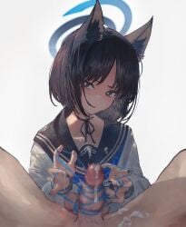 1boy 1girls absurdres allied_hyakkiyako_academy_student animal_ears betabeet black_eyes black_hair black_sailor_collar blue_archive blue_halo blue_neckerchief cat_ears censored cum cum_on_self female halo highres hyakkaryouran_conflict_resolution_council_(blue_archive) kikyou_(blue_archive) light-skinned_female light-skinned_male light_skin long_sleeves looking_at_viewer mosaic_censoring neckerchief penis sailor_collar short_hair simple_background upper_body white_background