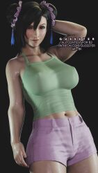 1girls 3d abs alternate_costume alternate_hairstyle black_background black_hair casual double_bun eyelashes female female_focus female_only final_fantasy final_fantasy_vii final_fantasy_vii_remake fringe gussster jean_shorts long_hair looking_at_viewer muscles muscular muscular_female outfit petite red_eyes shorts six_pack slim square_enix sweat sweatdrop tifa_lockhart toned_female wet wet_body