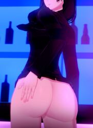 3d alternate_version_available ass ass_focus ass_grab beatrice_albert big_ass black_hair bottomless huge_ass koikatsu long_hair looking_at_viewer partially_clothed showing_ass showing_off smile smug solo solo_female solo_focus spiritofrei va-11_hall-a