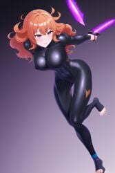 ai_generated bodysuit female_ninja hololive hololive_english hololive_myth kunoichi latex multicolored_eyes orange_hair stirrup_legwear takanashi_kiara virtual_youtuber