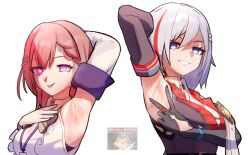 2girls armpits asta_(honkai:_star_rail) blue_eyes clothed fully_clothed gloves heart-shaped_pupils honkai:_star_rail honkai_(series) light-skinned_female light_skin looking_at_viewer medium_hair pennyjoyr pink_hair presenting purple_eyes smile tongue_out topaz_(honkai:_star_rail) white_background white_hair