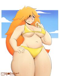 beach bikini blush chubby chubby_female danscarf freckles nerd_and_jock_(webcomic) orange_hair red_eyes sky small_bikini thick_thighs tiger_(nerd_and_jock) underboob yellow_bikini