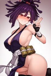 ai_generated dark_hair dark_haired_futa female_ninja futanari kunoichi ninja ponytail purple_hair red_eyes robe yuzuriha_(jigokuraku)