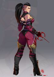 ass belt belt_buckle big_ass black_hair blood breasts ear_piercing edenian female heels long_hair mileena mileena_(new_era) mohleena mortal_kombat mortal_kombat_1_(2023) piercing piercings ponytail presenting presenting_hindquarters purple_clothing red_eyes sai_(weapon) skin_tight solo solo_female tarkatan tovio_rogers weapon