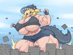 black_bra destroyed_building giant_ass giant_breasts giant_female giant_muscles giantess godzilla grey_hair grey_tail muscular_female roaring sheepapp