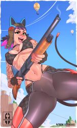 1girls black_hair bra cat_hat cat_tail choker epic_games eyelashes eyeshadow female fortnite fortnite:_battle_royale green_eyes gun iisfernado leggings petite purple_eyeshadow purple_hair purple_lipstick renegade_lynx seductive_look shotgun tagme tan_skin tattoo two_tone_hair