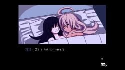 2girls ahoge alma_armas bed bedroom black_hair blanket blonde_hair dark-skinned_female dark_skin dialogue female hug julianne_stingray light-skinned_female light_skin long_hair looking_at_another mod naked naked_female pillow pixel_art sleeping sleeping_nude sleeping_together smothering spiritofrei tagme text va-11_hall-a video yuri