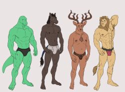 anthro armpit_hair barefoot beastars black_briefs black_clothing black_hair black_seam_jockstrap black_underwear body_hair briefs briefs_only brown_body brown_fur brown_hair bulge clothed clothing deer equid equine eyewear feet felid ffog fur glasses gosha_(beastars) green_body green_scales group hair hand_behind_back horse ibuki_(beastars) jockstrap jockstrap_only lion lizard male mammal navel nipples oguma_(beastars) pantherine red_clothing red_jockstrap red_underwear reptile scales scalie smile tan_body tan_fur tighty_whities topless underwear underwear_only white_briefs white_clothing white_underwear yafya_(beastars)