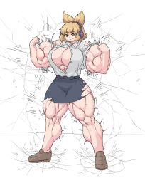 abs big_breasts blonde_hair blush boob_window breast_expansion headphones holding_shirt muscle_growth muscular muscular_arms muscular_female ripping_clothing sheepapp smiling touhou toyosatomimi_no_miko white_shirt