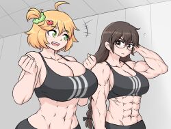 2girls abs big_breasts black_eyes black_hair blonde_hair blush_lines boob_window breasts green_eyes gym gym_clothing huge_breasts medium_support_(meme) meme multiple_girls muscular_female sheepapp smiling sports_bra thin_waist