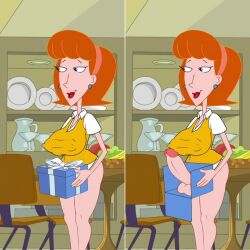 accurate_art_style big_breasts bottomless dick_in_a_box earrings erection futa_only futanari linda_flynn-fletcher long_neck monkeyman_(artist) nipple_bulge nipple_outline phineas_and_ferb red_hair screenshot_edit surprise_futa