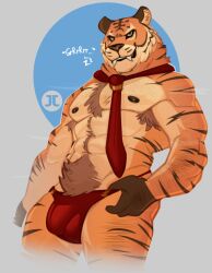 bulge clothing detailed_bulge epic_games felid fortnite fur hairy hi_res jumpy_jackal male male_only mammal muscular muscular_male orange_body orange_fur oscar_(fortnite) pantherine solo_male tail thong tiger underwear