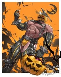 1boy 2023 bara bara_tits barazoku bulge gay halloween holidays jack-o'-lantern jack_o'_lantern jinluarj13 jockstrap looking_at_viewer male male_focus male_nipples male_only manly muscular_male nipples pumpkin pumpkin_head pumpkin_head_(character) scar scars_all_over solo solo_male underwear yaoi