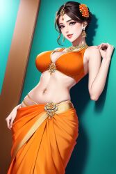 ai_generated blouse brown_hair earrings flower flower_in_hair gold_jewelry indian indian_female jewelry light-skinned_female light_skin navel navel_piercing necklace orange_clothing saree sari slender_waist smile smiling waist