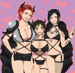 3girls arm_tattoo beast_pirates_uniform belt bikini black_bikini black_hair black_horns black_nails blush_stickers breast_tattoo breasts cape collarbone earrings eustass_kid female female_only fishnet_thighhighs fishnets genderswap_(mtf) hand_on_own_hip hand_tattoo heart heart_background height_difference horns huge_breasts jewelry large_breasts looking_at_viewer monkey_d_luffy multiple_girls one_piece parted_lips piratesebine purple_background red_eyes red_hair red_lips rule_63 short_hair shoulder_pads single_thighhigh skirt smile stomach studded_belt swimsuit tattoo thighhighs thighs trafalgar_law yellow_eyes