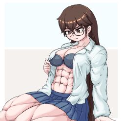 abs angry_face big_breasts black_bra blush holding_shirt muscular muscular_arms muscular_female sheepapp shirt_open white_shirt