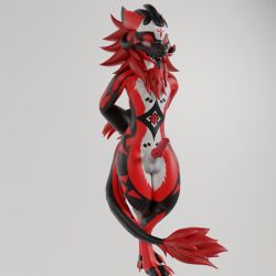 anthro blender_(software) erection fur genitals hi_res knot male male/male penis pose red_body red_eyes red_fur red_penis solo standing wickerbeast