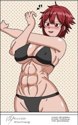 abs aizawa_tomo athletic_female black_bikini danodrawings digital_media_(artwork) muscular_female red_eyes red_hair six_pack stretching tagme tomo-chan_wa_onna_no_ko toned_female