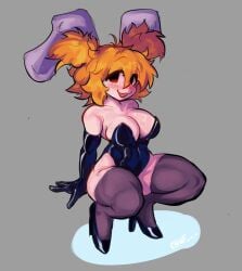 big_breasts blush bunny_ears bunnysuit chuf d-side_girlfriend exposed_shoulders freckles friday_night_funkin friday_night_funkin_mod girlfriend_(friday_night_funkin) gloves happy high_heels large_breasts large_thighs long_gloves orange_hair squatting tagme thighhighs twintails