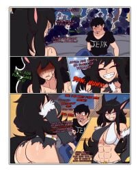 1boy 1girls abs black_hair black_hair_female bunny_ears clothed_female clothed_male clothes comic comic_page crossover dan_(dan_vs) dan_vs. dywtba-alt-universe fox_girl gottem juko_arigato lies lying no_nut_november original_character pink_eyes showing_ass succubus