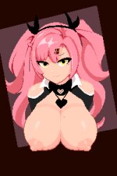 1girls beauty_mark big_breasts black_ribbon breasts female hair_clips hair_ribbon hair_ribbons hairclip irones long_hair mole mole_on_breast mole_under_eye nicole_demara nipples pink_hair pixel_art ribbon ribbons twintails yellow_eyes zenless_zone_zero