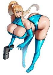 1girls 2023 anhuzart armwear bent_over big_ass big_breasts bimbo blonde_hair blue_eyes breasts busty cleavage curvaceous curvy curvy_body curvy_female curvy_figure elbow_gloves ethan69_(artist) female female_only gloves gun huge_breasts large_breasts long_hair metroid ponytail samus_aran solo thick_thighs thighhighs voluptuous white_background wide_hips