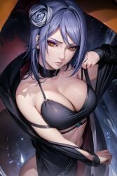 1girls ai_generated akatsuki_(naruto) big_breasts blue_hair bra breasts breasts_focus child_bearing_hips chin_piercing choker cleavage cloak clothing coat curvaceous detached_collar detached_sleeves female female_only flower flower_in_hair huge_breasts konan looking_at_viewer mature mature_female mature_woman nai_diffusion naruto naruto_(series) naruto_shippuden no_panties open_clothes orange_eyes piercing pinup pulled_by_self revealing_clothes rose_(flower) seductive seductive_eyes seductive_look shoulder_length_hair slim_waist stable_diffusion themechabear underwear undressing upper_body wide_hips