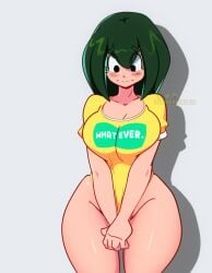 1female adult_swim big_ass big_breasts big_eyes bottomless bottomless_female covering_self cropped_legs cute dark_green_hair embarrassed embarrassed_nude_female enf female_only flustered front_view green_hair hips hourglass_figure legs long_shirt looking_down loose_shirt love_handles lunaexhabbitix my_hero_academia no_pants pelvic_line pelvic_lines pulling_clothing shiny_legs shiny_skin shiny_thighs shy solo t-shirt_only tareme thick_thighs thigh_gap thighs timid toonami tsuyu_asui upper_body wasp_waist watermark wavy_mouth wide_hips yellow_clothing yellow_shirt yellow_topwear