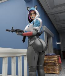 1girls 3d ass assault_rifle big_ass big_breasts blue_lipstick cat_ears fortnite fully_clothed green_eyes gun holding_weapon hood indoors lynx_(fortnite) milf purple_hair solo solo_female standing thick tight_clothing