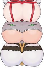 3girls ass_focus female female_only fire_emblem fire_emblem_heroes garter_belt grey_skin gullveig_(fire_emblem) kvasir_(fire_emblem) light-skinned_female light_skin multiple_girls nintendo pale-skinned_female pale_skin panties partially_visible_vulva presenting presenting_ass presenting_hindquarters raging_artist red_panties seidr_(fire_emblem) shorts stacked take_your_pick underwear white_background yellow_panties