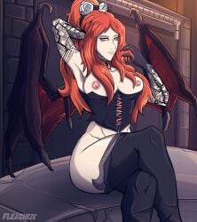 1girls armwear breasts castlevania castlevania:_symphony_of_the_night corset demon_girl female_only fleacheze long_hair nipples pale_skin red_hair solo_female succubus succubus_(castlevania) succubus_wings thick_thighs wings