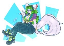 abstract_background anthro big_breasts bling blue_eyes blush bottomwear breasts canid canine clothing crossed_legs female fox fur green_bottomwear green_clothing green_hair green_pants hair hi_res long_hair mammal paladins pants salt_(paladins) sketchytodd solo white_body white_fur yoga_pants