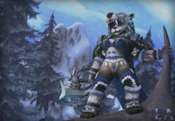 3d 3d_(artwork) blizzard_entertainment casual clothing female furry furry_only green_eyes lucionart pandaren posing pussy self_upload snow snowing solo vagina warcraft weapon world_of_warcraft