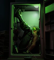 boots cheetah_print claustrophobic_location cramped feet_up fishnets fortnite fortnite:_battle_royale fridge green_hair green_light headband headphones headphones_on_head inside lighting looking_at_viewer mp3_player not_porn panther_print pattern pattern_bottomwear pov pov_eye_contact power_chord quirky safe_for_work spiked_headband spiked_headwear spikes