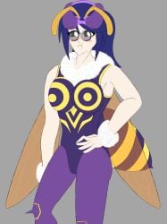 annoyed bee_girl blue_glasses blush clothing darkstalkers fake_antennae glasses halloween halloween_costume hand_on_hip insect_wings medium_breasts neck_tuft puffed_cheeks q-bee simple_background small_breasts spark_knight stinger striped_clothing tsundere tuft vampire_(game) wings wrist_fluff zelia_mizusawa