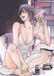 1girls 2022 artist_request ashtray barefoot bed bedsheets beer beer_can blushing chainsaw_man cigarette cleavage clothes_down eyebrows_visible_through_hair eyepatch female_focus full_body happy himeno_(chainsaw_man) legs_crossed moroboshi_minami open_mouth panties portrait potato_chips relaxing short_hair sleepwear smoking solo solo_female solo_focus tagme_(artist) tank_top tears teeth thighs tongue underwear underwear_only white_panties white_tank_top window