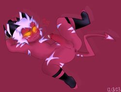 arms_behind_head arms_tied blush blushing_penis crimson_(helluva_boss) demon heart helluva_boss imp legs_apart nervous_expression nervous_sweat pok_(artist) precum presenting_anus red_background scars_all_over sweating vivienne_medrano vivziepop