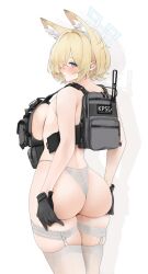 ass blue_archive blush cowboy_shot embarrassed english_text garter_belt garter_straps hands_on_ass huge_ass huge_breasts huge_thighs kanna_(blue_archive) lace_trim legwear lingerie looking_back military_uniform public_peace_bureau_(blue_archive) rear_view sweatdrop text thick_thighs valkyrie_police_school_student wide_hips