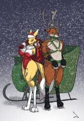 angry anthro antlers bandai_namco black_nose bridle canid canine christmas christmas_clothing clothing digimon digimon_(species) female femdom fox fur hat holidays hooves horn leash leash_pull male mammal markings multicolored_body multicolored_fur raevild renamon santa_hat smile snow tail thick_thighs white_body white_fur yellow_body yellow_fur